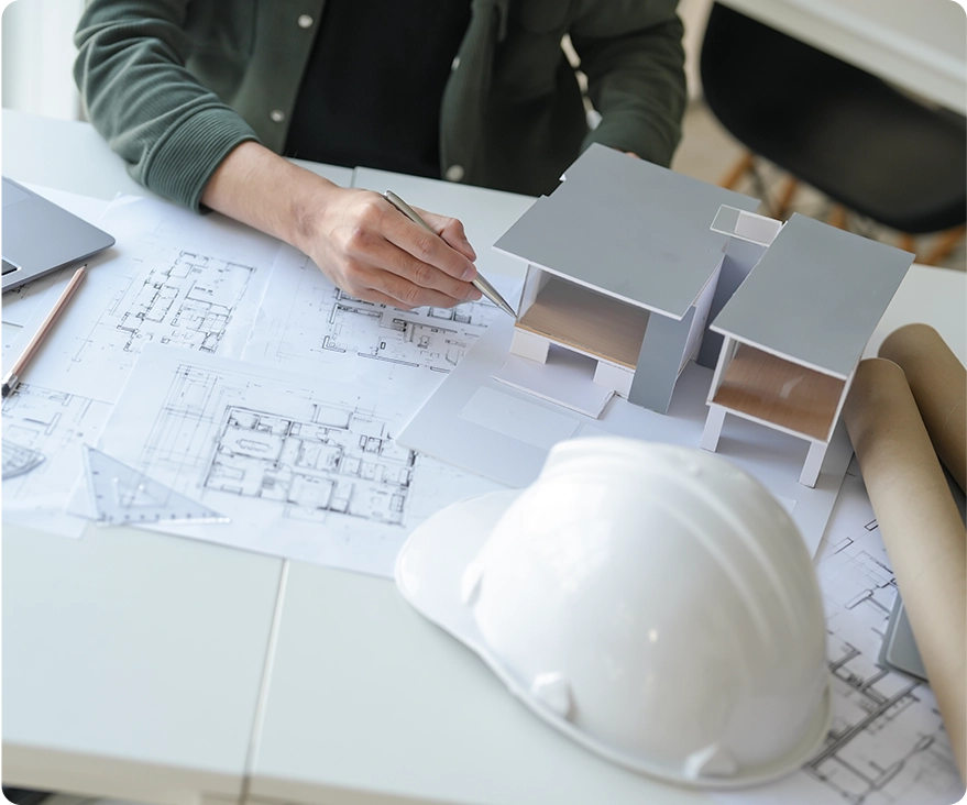 Architecture Man drawing on architectural Creative project business architecture building construction Industrial engineering Achievement Planning Design on laptop.