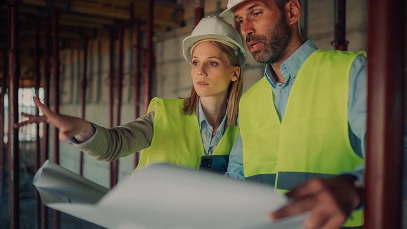 Two architects wearing safety vests and hardhats are examining blueprints on a construction site.