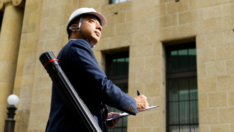An architect wearing hard hat and a tube bag while holding a paper