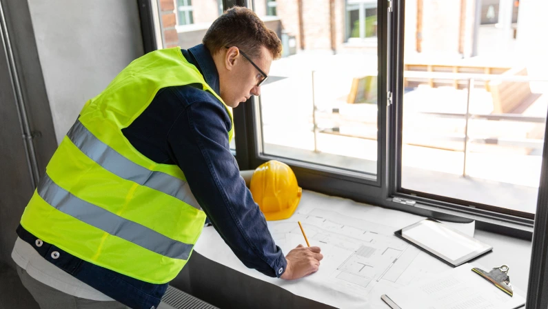 male architect with blueprint working at the desk