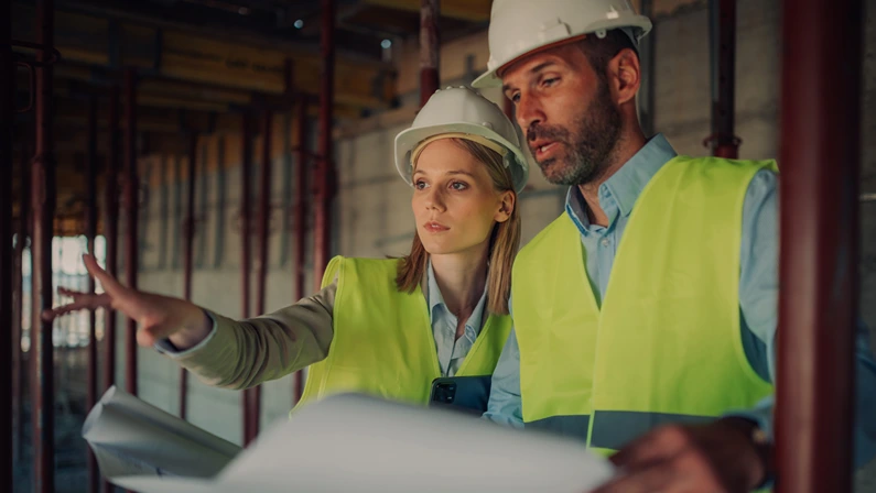 Two architects wearing safety vests and hardhats are examining blueprints on a construction site
