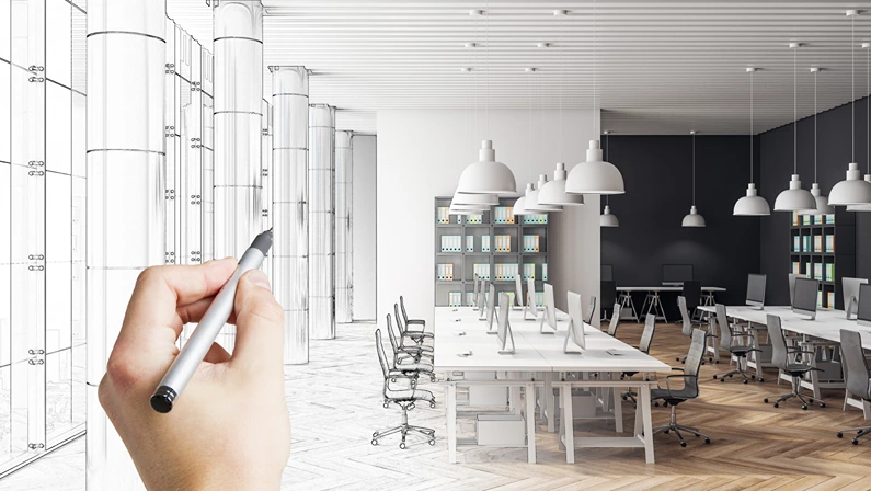 Hand drawn office interior. Workplace design and sketch concept.